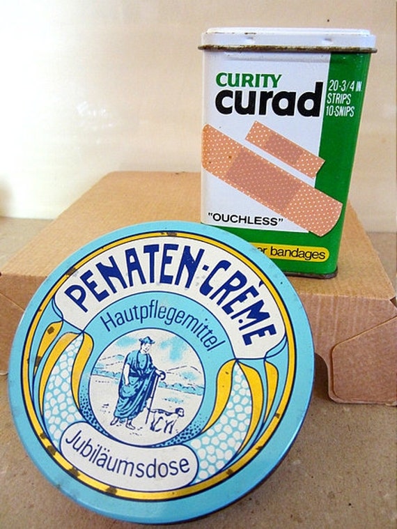 2 vecchie lattine arrugginite Penaten crema anniversario Tin e Ludovica  Curad Shabby chic vintage -  Italia