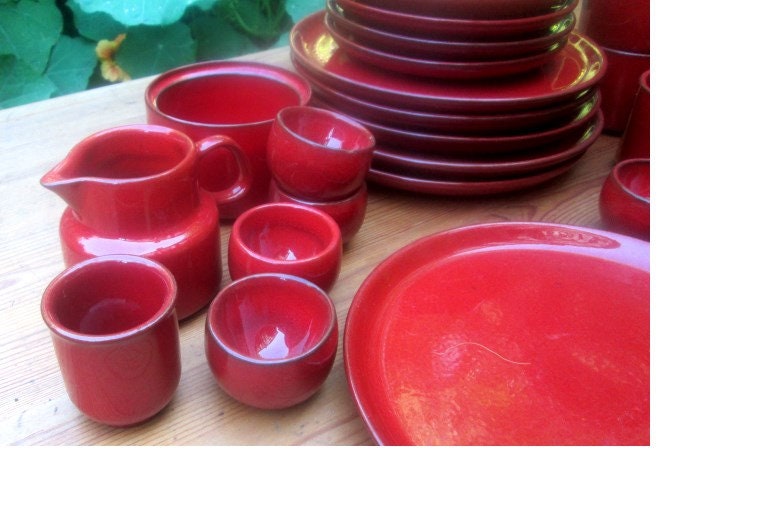 1970’s Melitta Ceracron Kopenhagen Kaffeeservice Melitta Ceracron Kopenhagen rot / bordeauxrot für 6