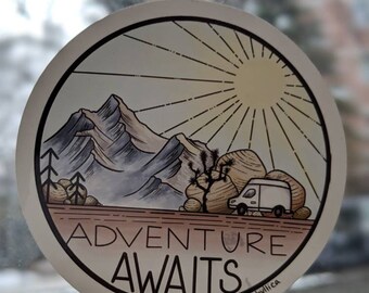 Stick cling featuring "Adventure Awaits" artwork: vanlife and rock climbing static cling for windows