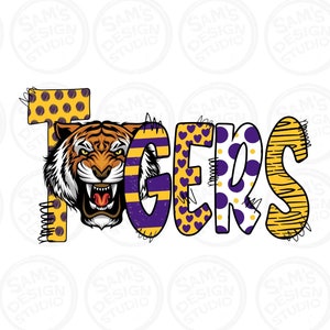 Tigres morados y dorados PNG, estilo de letras garabato, espíritu escolar, descargas DTF, descargas de diseños de sublimación