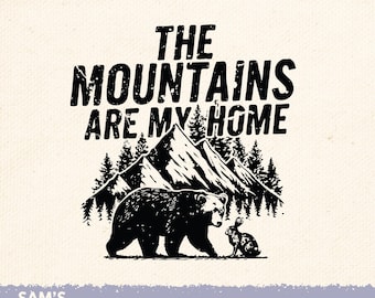 PNG de camping retro: diseño de oso y conejo de montaña envejecido (descarga digital)