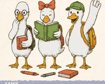 Può includere: Illustrazione di tre oche dei cartoni animati, ognuna con una personalità unica. Una indossa occhiali e porta un libro, un'altra legge con un fiocco, e la terza saluta con un berretto. Include pastelli e un libro. Testo: "DOWNLOAD DIGITALE".