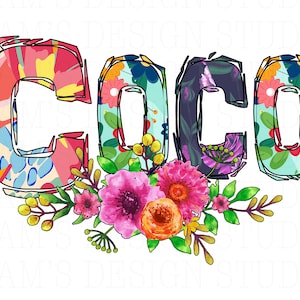 May include: The word "CO CO" is spelled out in colourful, floral letters with a floral design underneath.