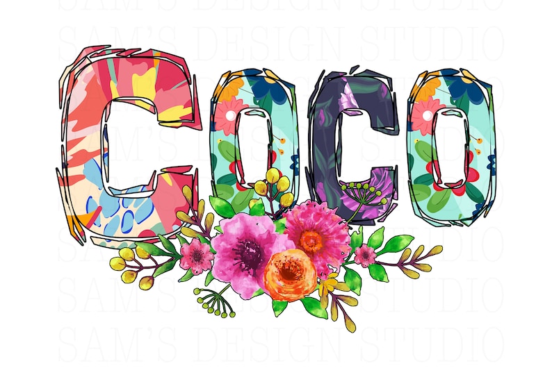 May include: The word "CO CO" is spelled out in colourful, floral letters with a floral design underneath.