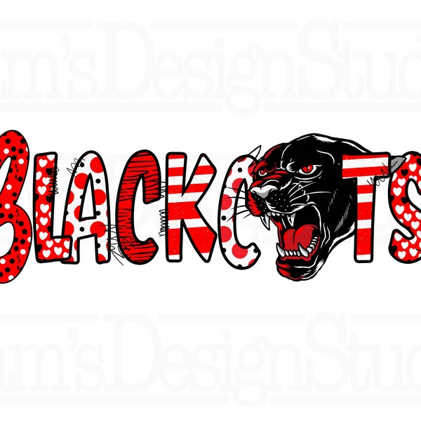 Blackcats PNG , Red and Black Doodle Letters Blackcats Logo Sublimation Designs Downloads, Blackcats Team Clip Art Sublimation PNG