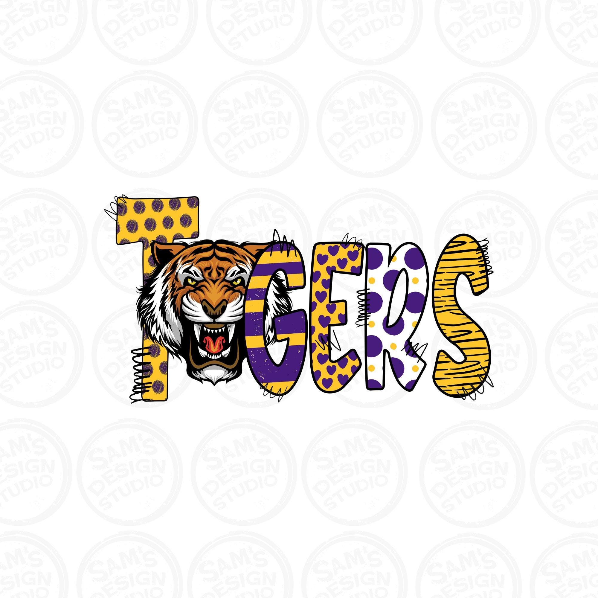 Purple and Gold Tigers PNG , Doodle Letters Style , School Spirit , DTF Downloads , Sublimation Designs Downloads