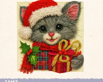 Christmas png , Faux Burlap Christmas Kitten , Sublimation and DTF Designs , Digital Download