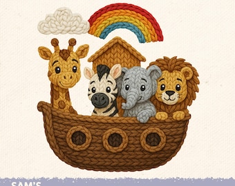 May include: A digital illustration of a knitted Noah's Ark scene. The ark is brown and filled with a giraffe, zebra, elephant, and lion. A rainbow and cloud are above the ark. The text "DIGITAL DOWNLOAD" is at the bottom.