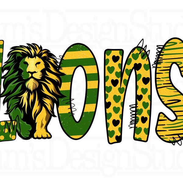 Lions PNG , Green and Gold Lions Sublimation Designs Downloads , Lions with Doodle Letters Sublimation PNG ,