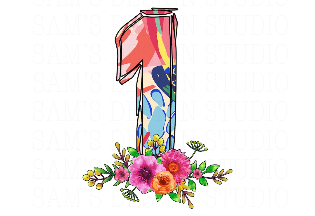 Number One With Flowers PNG , Floral Design Number 1 Sublimation