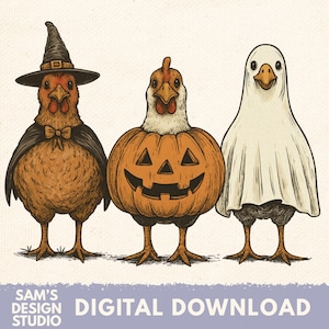 Cute Halloween Chickens PNG, Digital Download, Spooky Chicken, Pumpkin Chicken, Ghost Chicken, Sublimation Design, Clipart