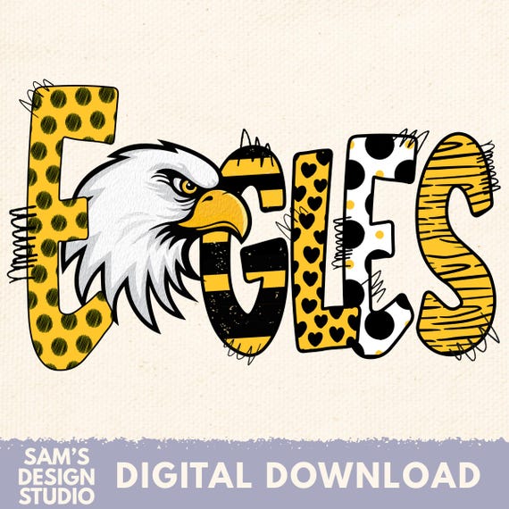 Black and Gold Eagles PNG: Doodle Letters Sublimation Design (Digital Download)