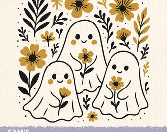Ghosts Halloween PNG: Spooky Fall Floral Design (Digital Download)