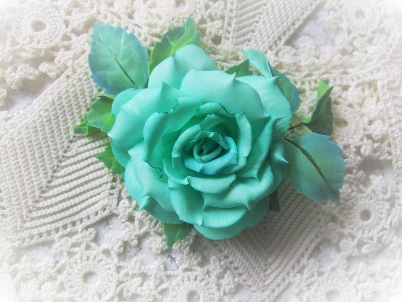 Weightless hair clip on the ribbon of the hat Brooch-clip on the edge of clothing Flower brooch with a turquoise rose Gift for a girl.