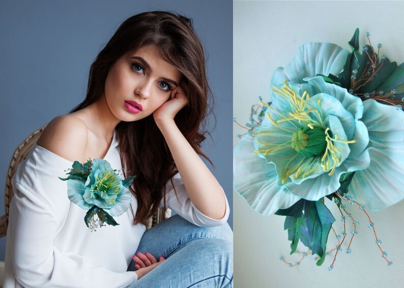 Weightless hair clip on the ribbon of the hat Brooch-clip on the edge of clothing Flower brooch with a turquoise rose Gift for a girl.