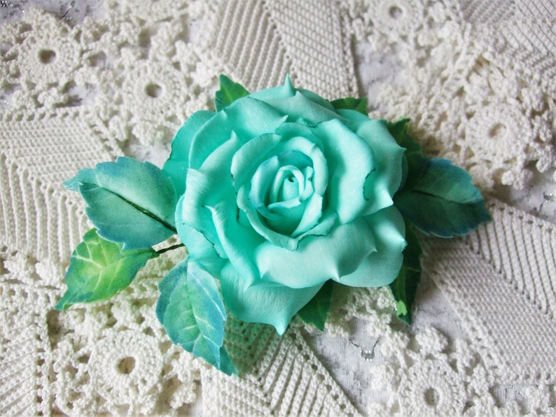 Weightless hair clip on the ribbon of the hat Brooch-clip on the edge of clothing Flower brooch with a turquoise rose Gift for a girl.