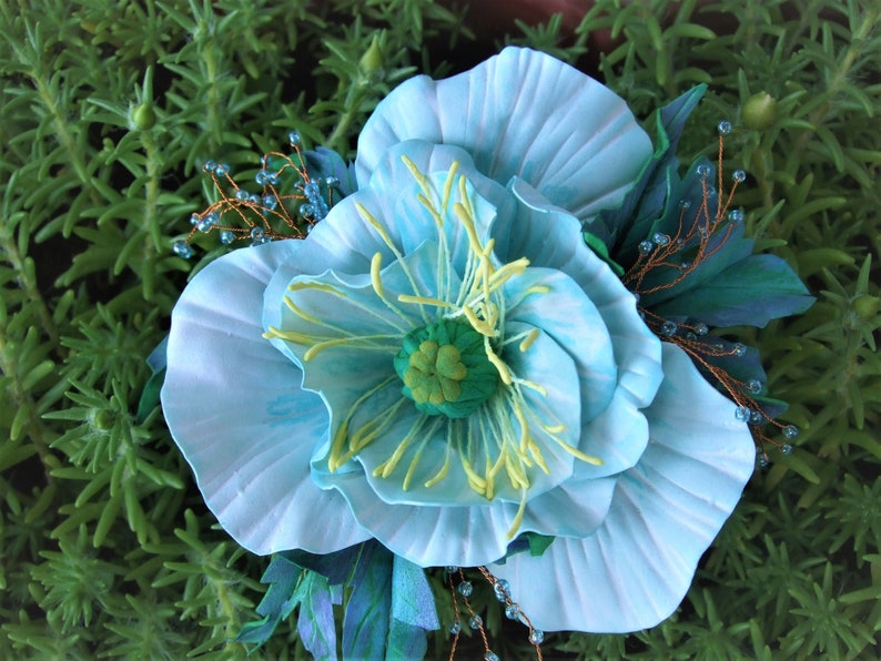 Weightless hair clip on the ribbon of the hat Brooch-clip on the edge of clothing Flower brooch with a turquoise rose Gift for a girl.