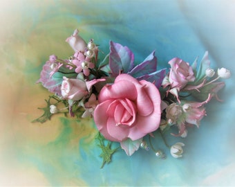 Weightless hair clip on the ribbon of the hat Brooch-clip on the edge of clothing Flower brooch with a turquoise rose Gift for a girl.