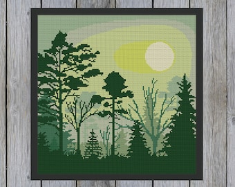 Green Forest Cross Stitch Pattern, Pines, Floral (PDF)