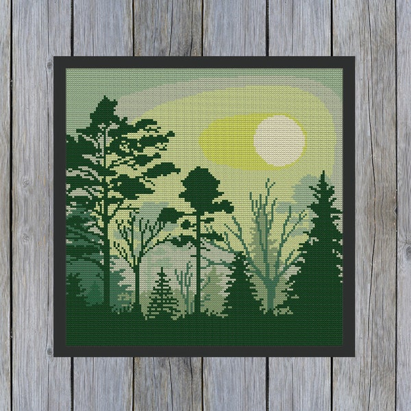 Green forest cross stitch pattern with pines, floral Cross stitch pattern PDF