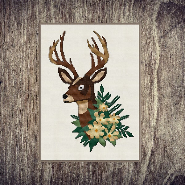 Deer xstitch pattern: cute deer with yellow flowers - Cross stitch pattern PDF