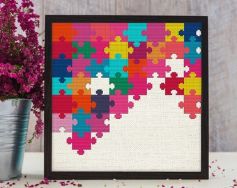 Colorful puzzle cross stitch pattern PDF, easy modern xstitch chart for wal art decor