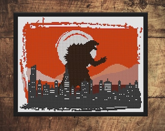 Dino crashes the evening city cross stitch pattern PDF
