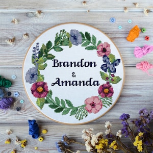 Aangepaste bruiloft kruis steek patroon, bloem krans kruis steek patroon PDF, bloemen moderne xstitch grafiek