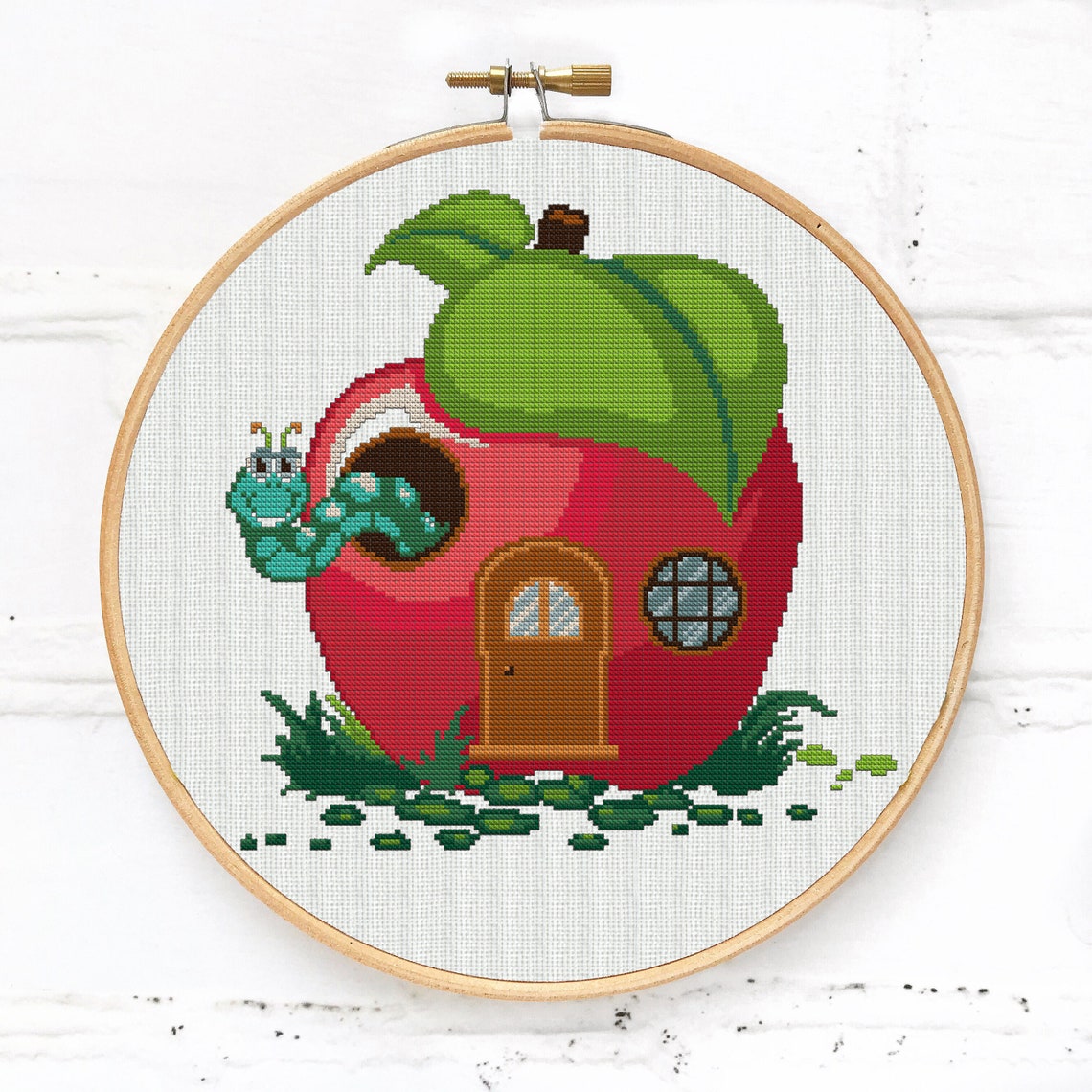 Apple Cross Stitch Pattern Red Apple With a Caterpillar Etsy