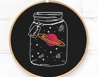 Space in jar cross stitch pattern PDF, Saturn in the bottle picture