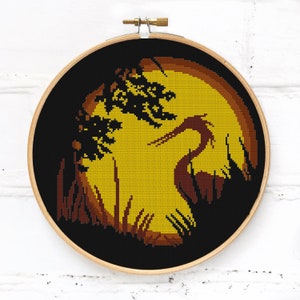 Stork cross stitch pattern PDF: beautiful sunset landscape embroidery picture