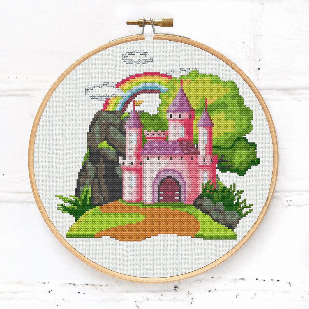 Pink Castle Cross Stitch Pattern PDF With Rainbow in the Sky - Etsy