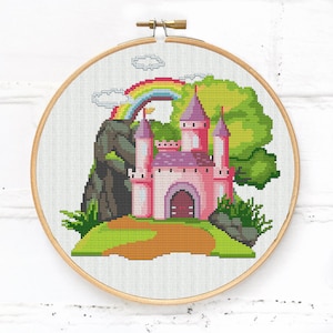 Pink castle cross stitch pattern PDF with rainbow in the sky