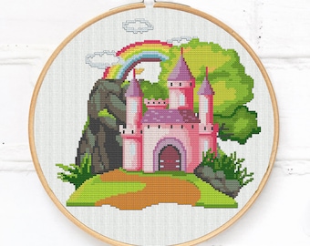 Pink castle cross stitch pattern PDF with rainbow in the sky