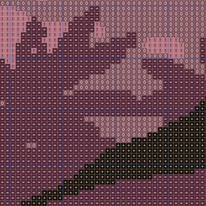 May include: A cross-stitch pattern chart with a black and white design of a mountain range with a purple and pink sky. The chart is divided into squares with symbols representing different colors of thread.