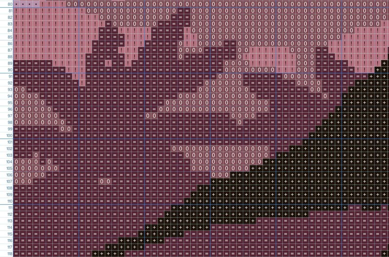 May include: A cross-stitch pattern chart with a black and white design of a mountain range with a purple and pink sky. The chart is divided into squares with symbols representing different colors of thread.