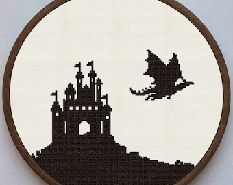 Dragon and the castle fantasy landscape cross stitch pattern instant download PDF