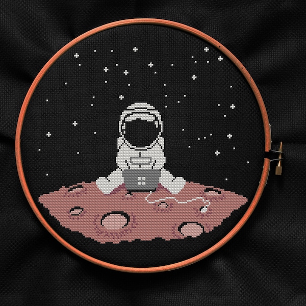 Astronaut on Mars with laptop cross stitch pattern PDF, modern galaxy xstitch chart