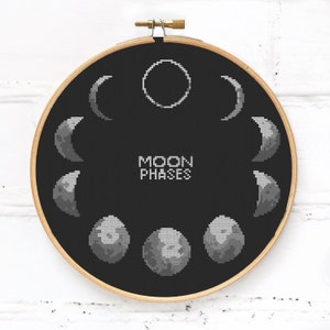 Moon phases counted cross stitch pattern PDF: modern xstitch chart for black fabric embroidery