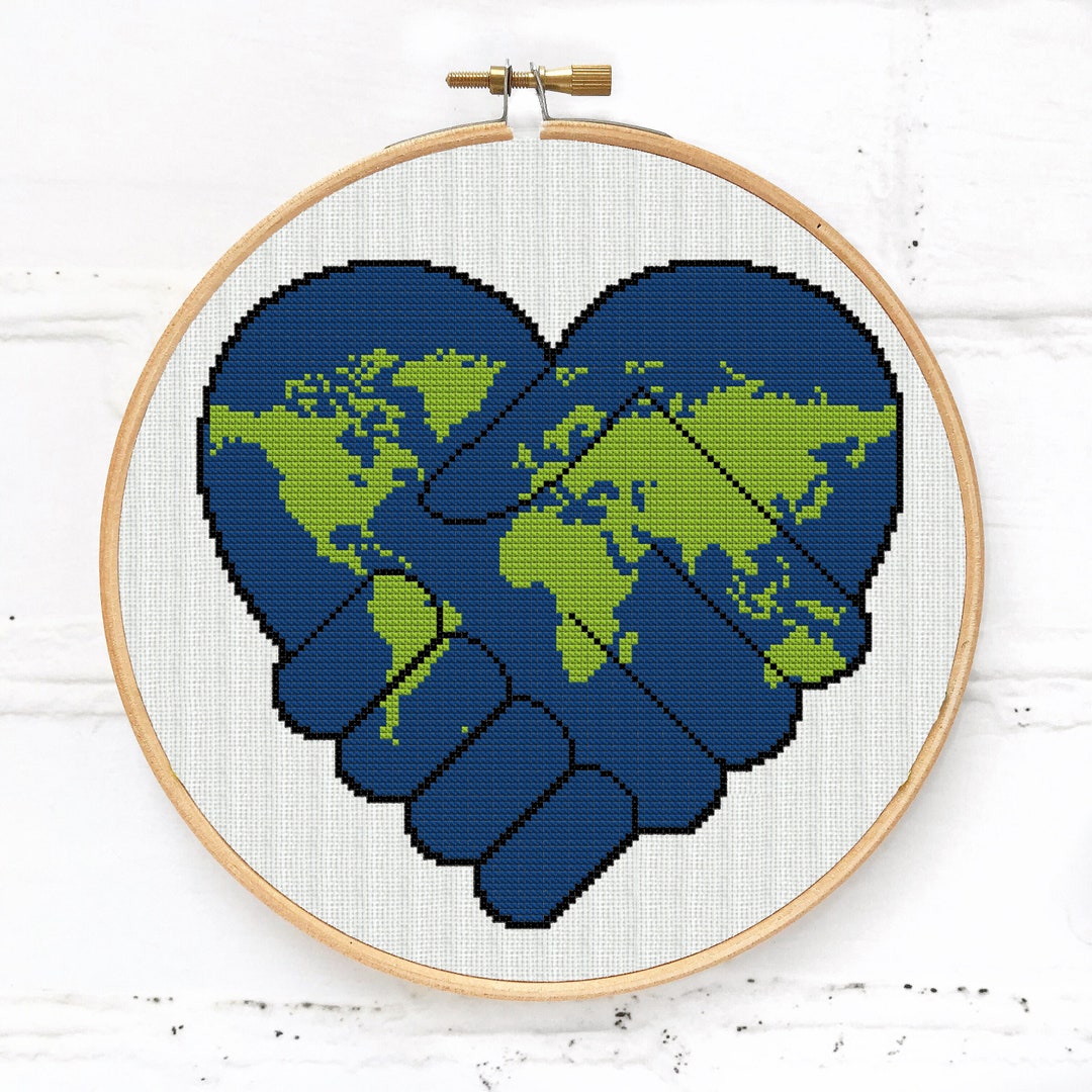The Earth Counted Cross Stitch Pattern PDF, World Map Hand Embroidery