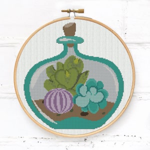 Florarium cross stitch pattern PDF with succulents and cactus
