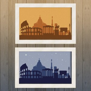 Può includere: Due immagini a punto croce incorniciate dello skyline di Roma, una con uno sfondo di tramonto arancione e l'altra con uno sfondo di cielo notturno blu.