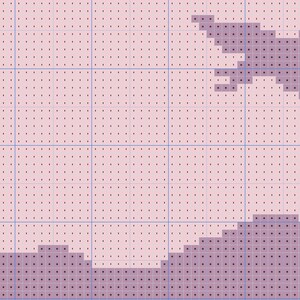 May include: A pixel art design with a purple and pink color scheme. The design features two shapes, one at the top and one at the bottom. The top shape is a cloud-like form, while the bottom shape is a more solid, rectangular form.