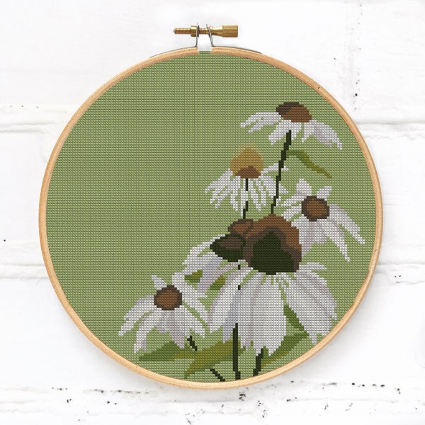 Daisy flowers on green background cross stitch pattern: perfect for embroidery hoop art - floral cross stitch pattern PDF