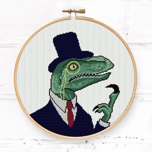 May include: A green dinosaur wearing a blue top hat, a white collared shirt, a red tie, and a gold monocle. The dinosaur is looking to the right and has a serious expression.
