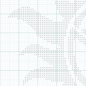May include: Black and white pixel art design of a bird with a long beak and a long tail. The bird is facing to the right and is surrounded by a grid of black squares.