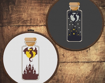 Dragon and castle in a bottle 2 cross stitch patterns: day and night landscape instant download PDF