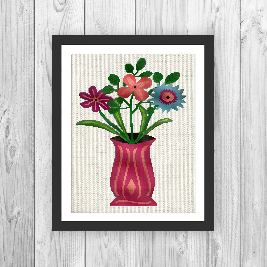 Vase With a Bouquet of Flowers Cross Stitch Pattern, Wildflowers