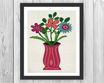 vase with a bouquet of flowers cross stitch pattern, wildflowers embroidery picture - crossstitch pattern PDF