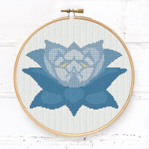 Blue lotus flower cross stitch pattern PDF for floral embroidery hoop art